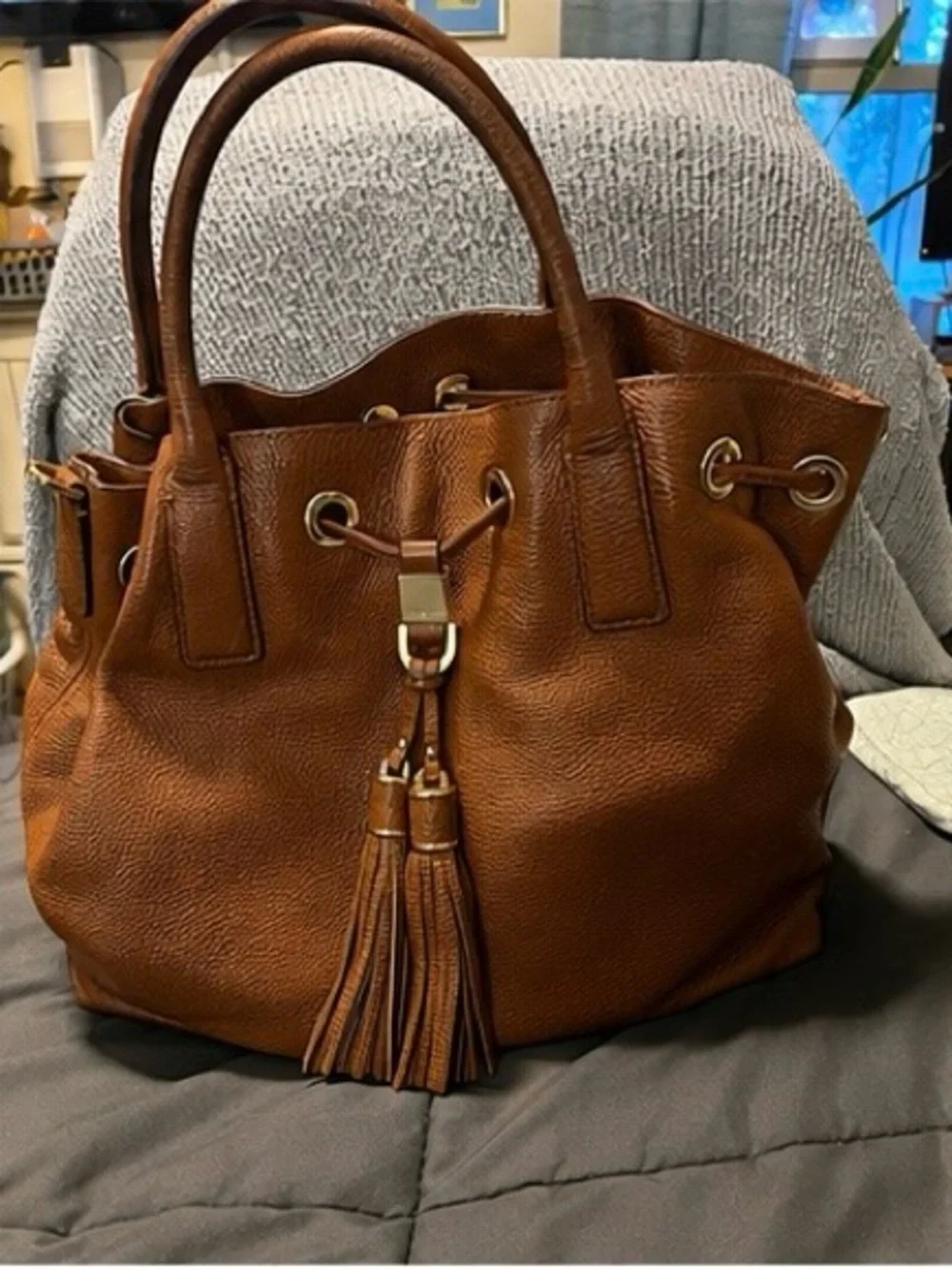 Michael Kors Cognac Brown Pebbled Leather Drawstring Tassel Tote Bag